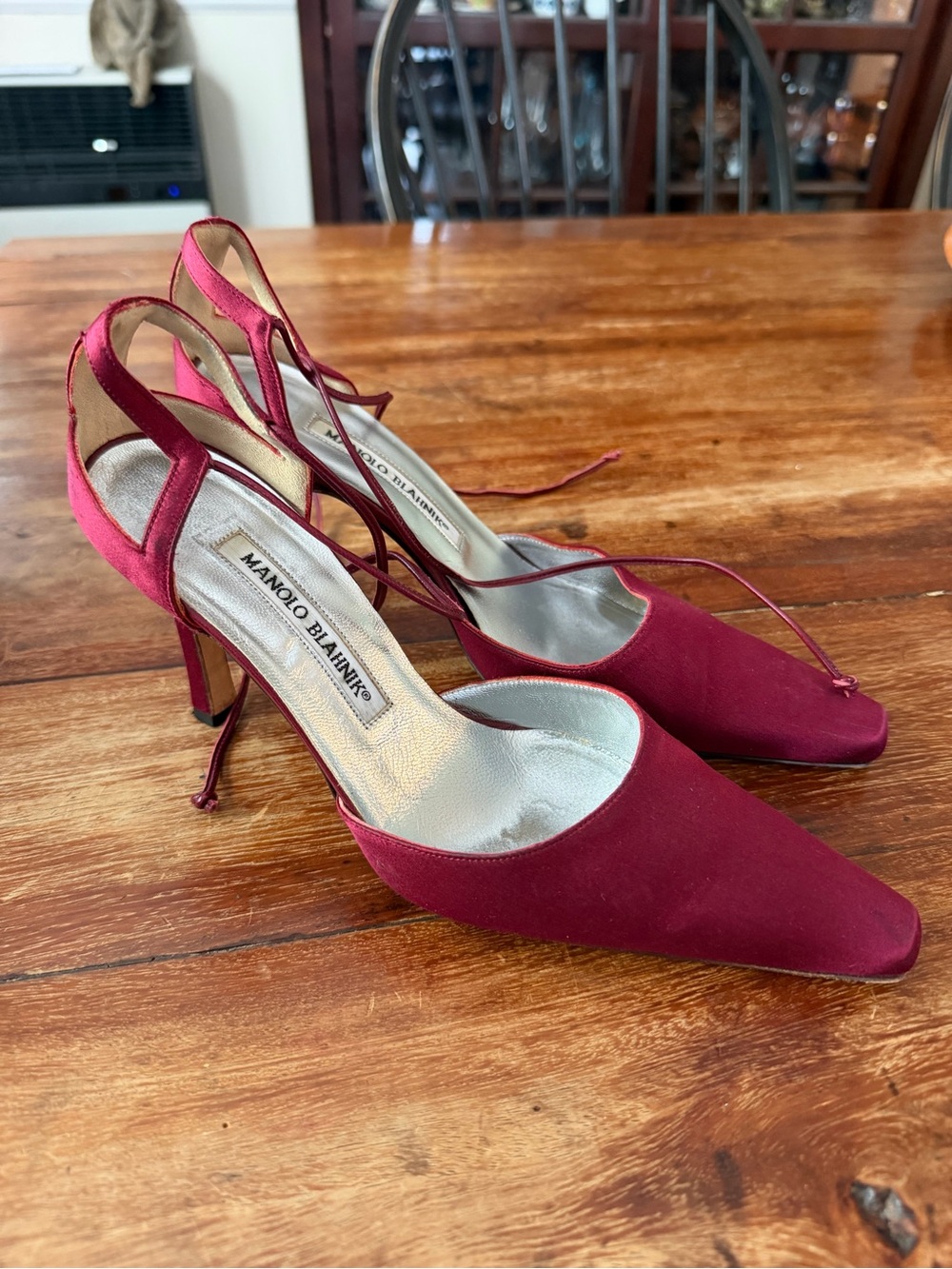 Manolo Blahnik Burgundy Satin Pointed Toe Slingback Heels